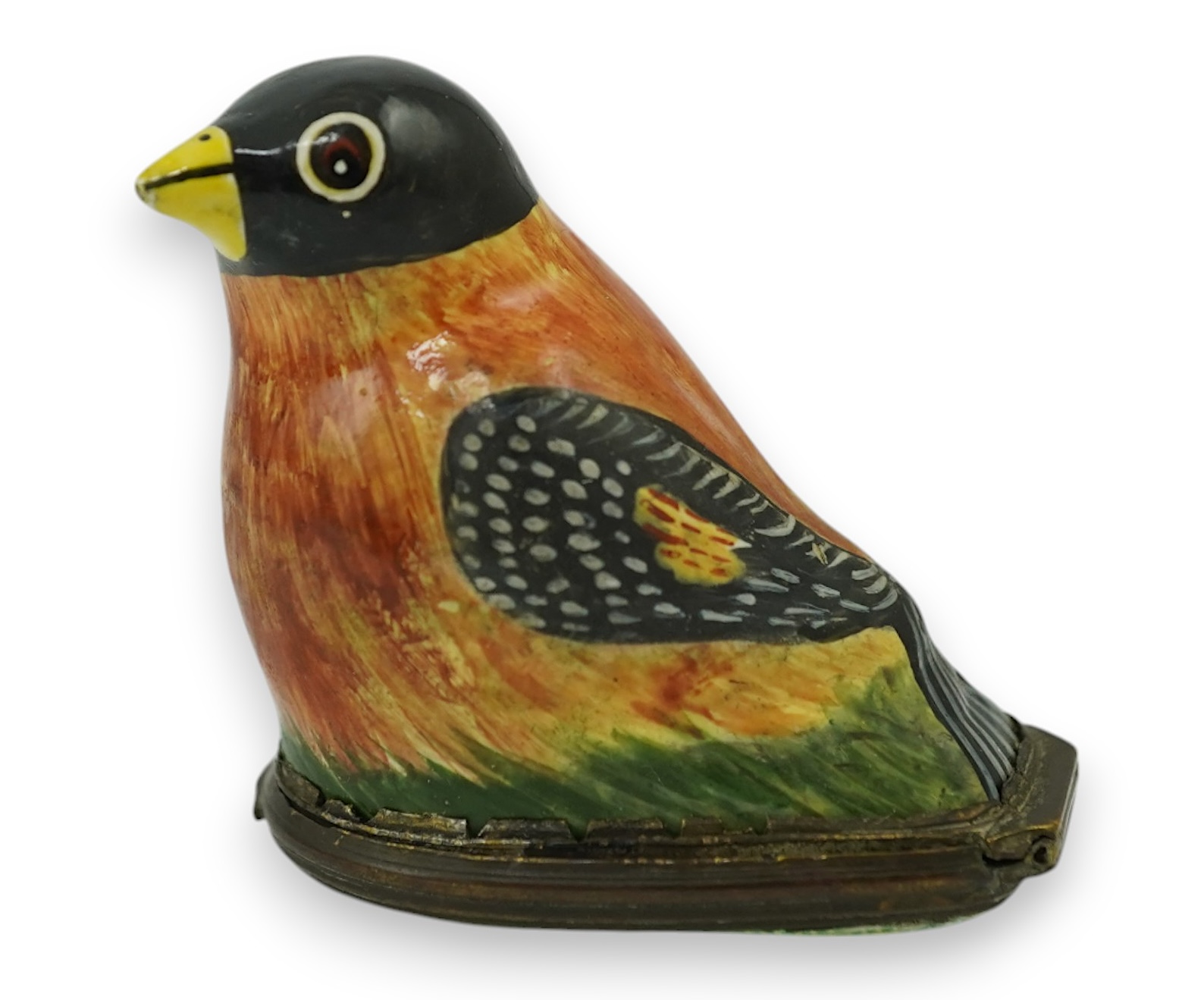 An 18th century South Staffordshire (Bilston) enamel box modelled as a bird with floral decorated cover, 4.5cm high. Condition - fair